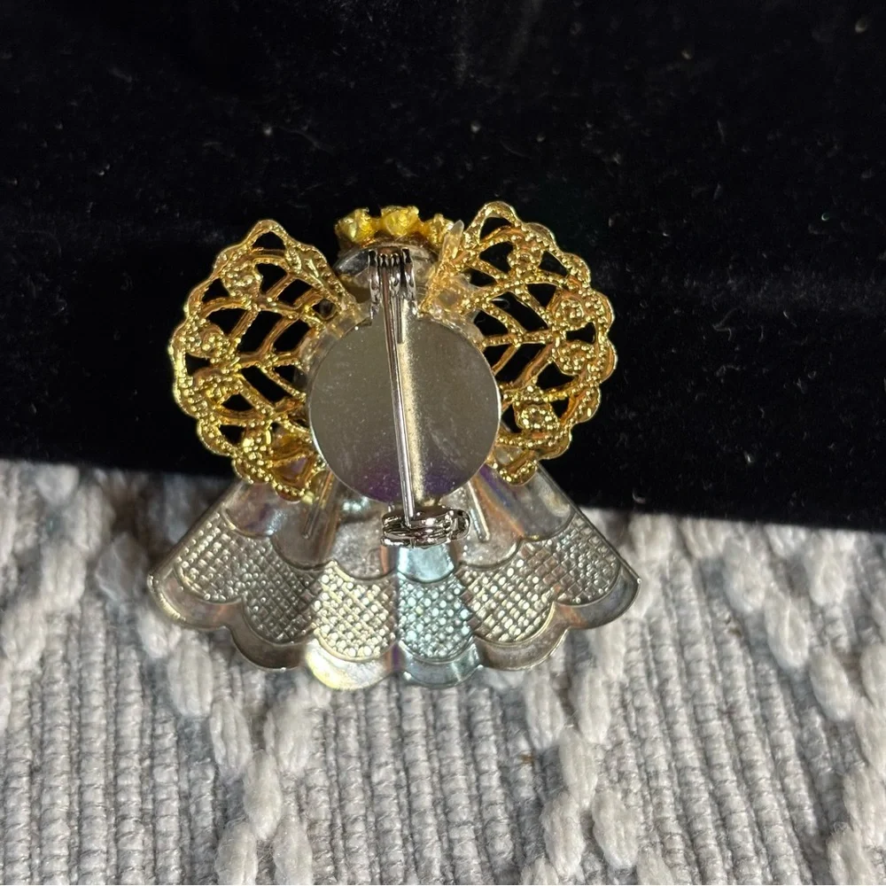 Gold & Silver Tone Mixed Texture Layered Metal ANGEL Brooch Pin 1.5